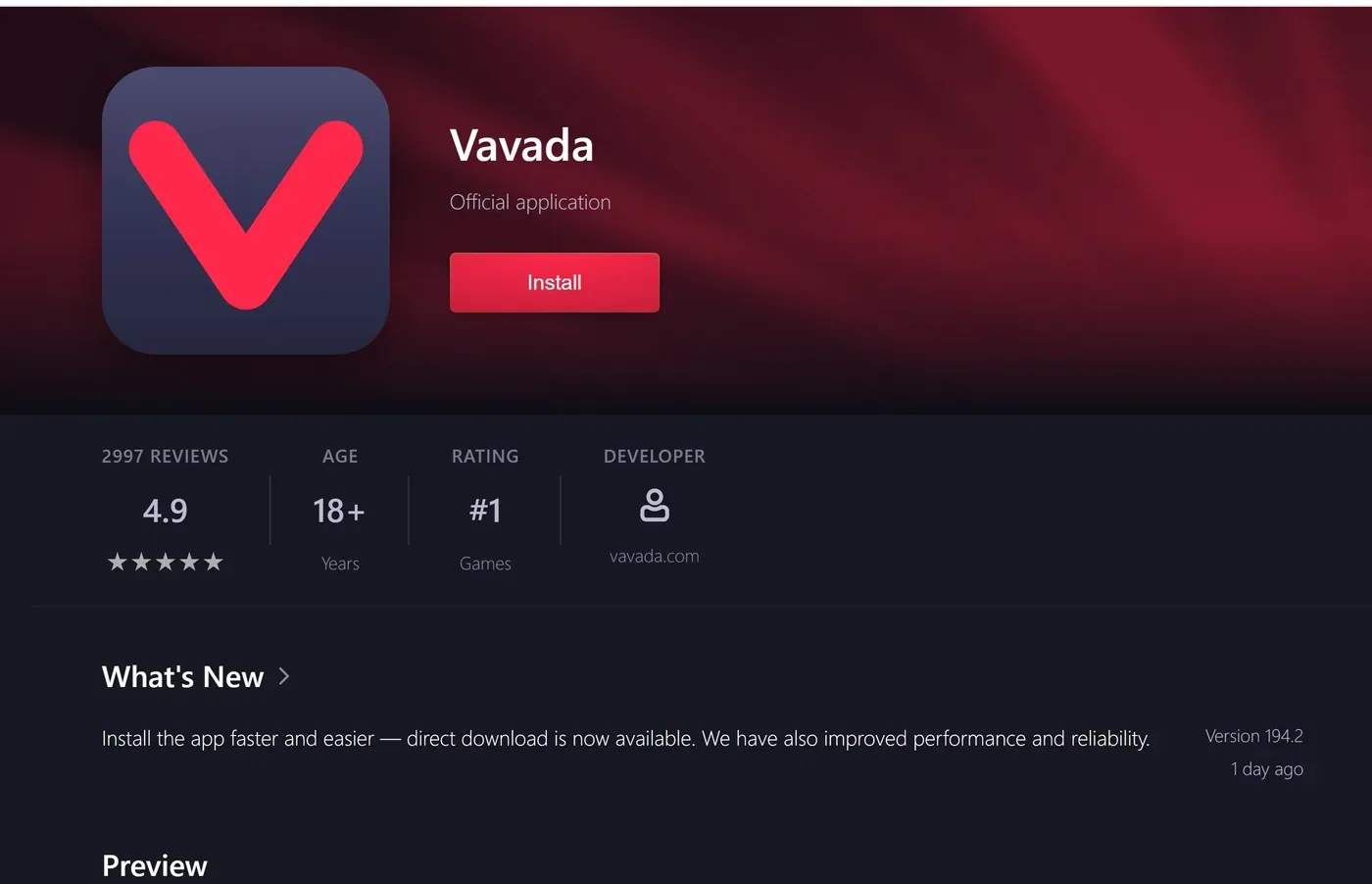 Сторінка встановлення застосунку Vavada з оцінкою і кнопкою Install