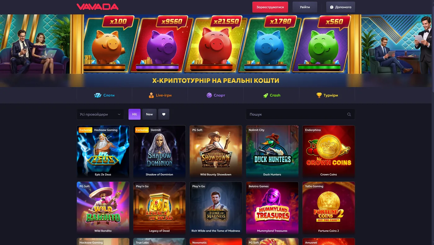 Головна сторінка Vavada з розділами Слоти, Live-ігри, Спорт, Crash і Турніри
